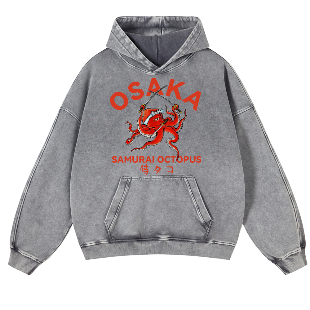 Samurai Octopus Vintage Washed Thick Cotton Hoodie