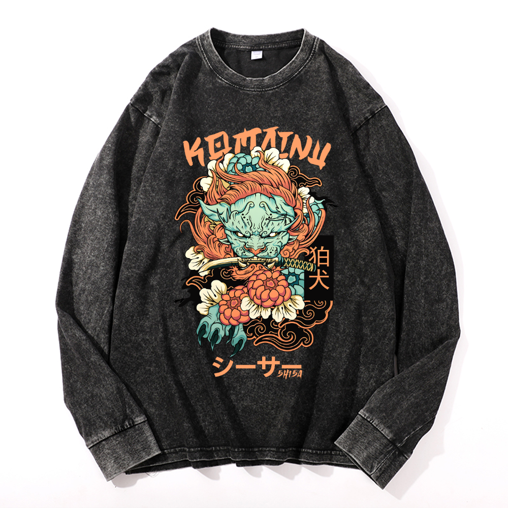 Komainu Vintage Cotton Wash Crewneck Long-Sleeve T-Shirt
