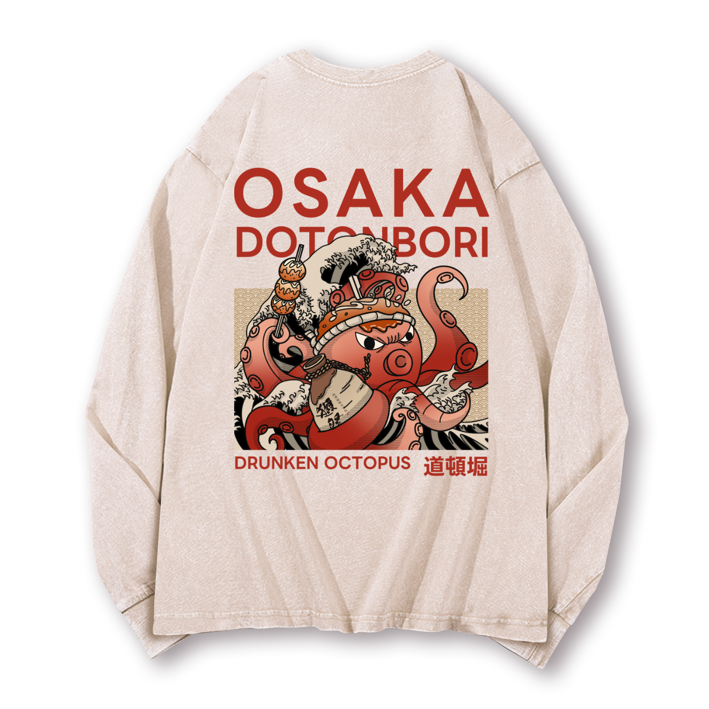 Osaka Dotonbori Drunken Octopus Vintage Washed Cotton Back Art Long-sleeve T-shirt