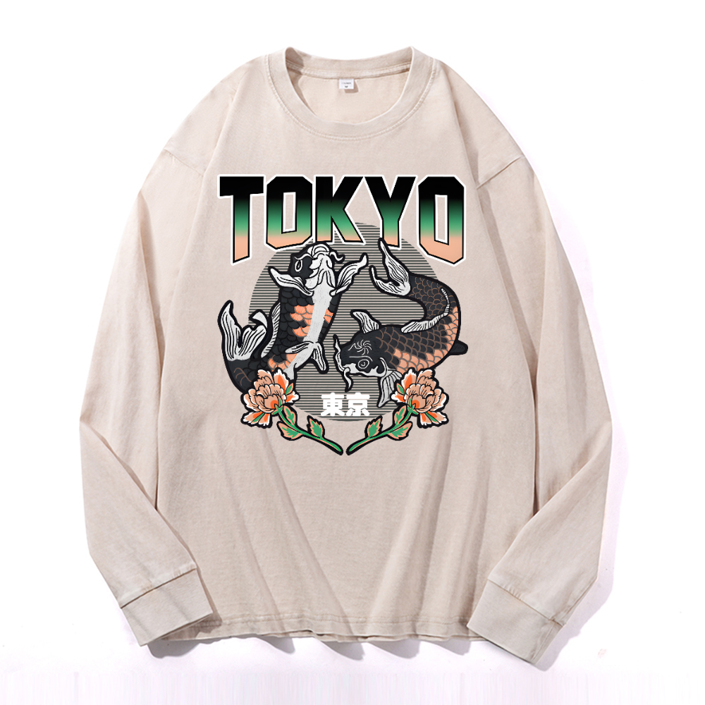 Tokyo Koi Vintage Cotton Wash Crewneck Long-Sleeve T-Shirt