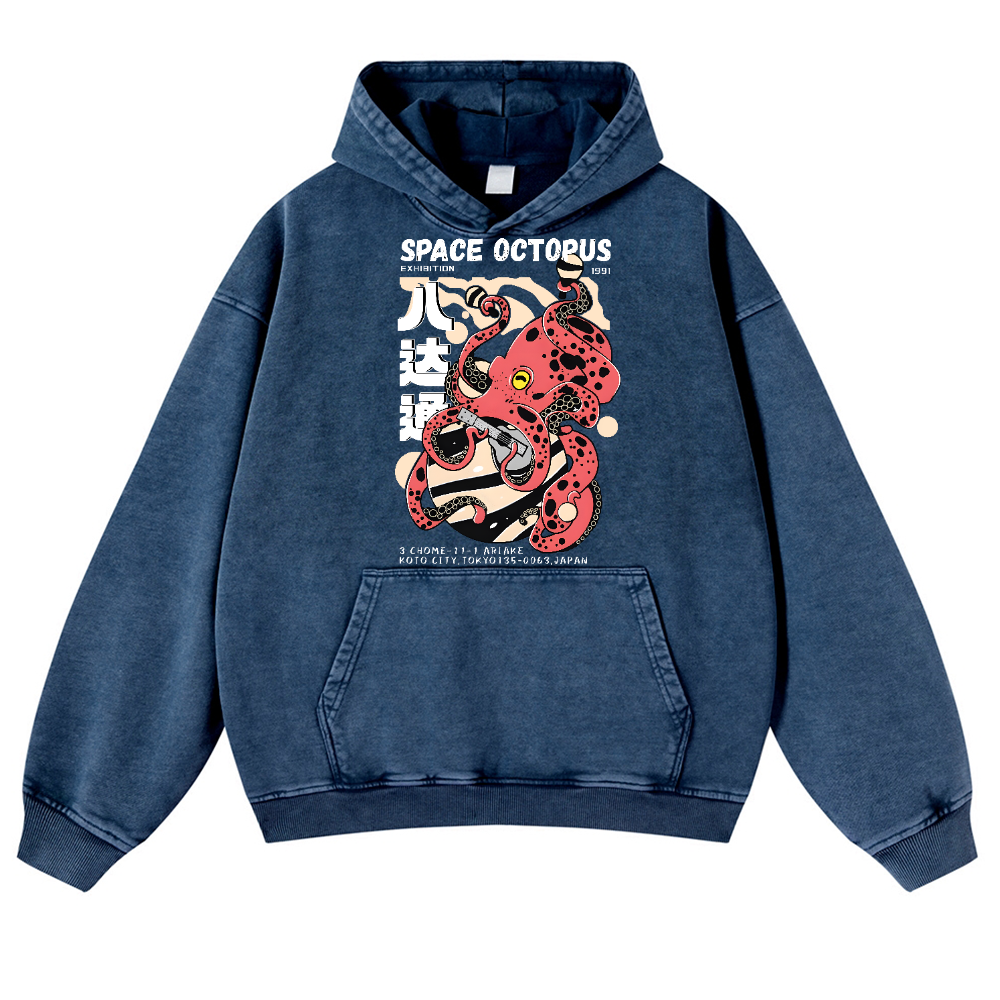 Space Octopus Vintage Washed Thick Cotton Hoodie