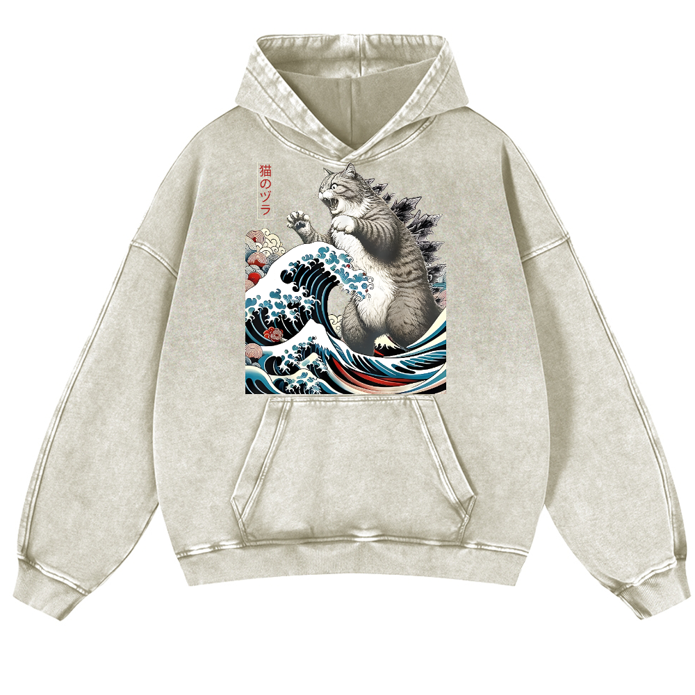 Cat Kaiju Catzilla Ukiyoe Great Wave Vintage Washed Thick Cotton Hoodie