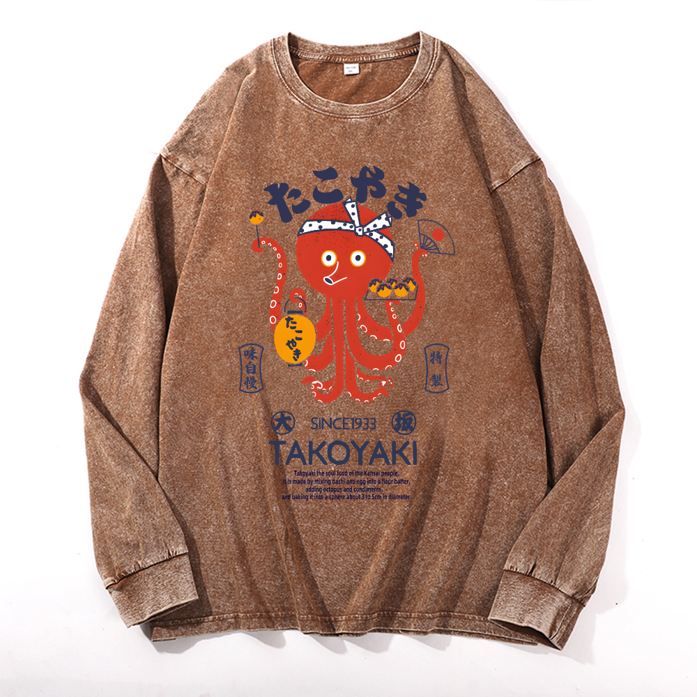 Takoyaki Octopus Vintage Cotton Wash Crewneck Long-Sleeve T-Shirt
