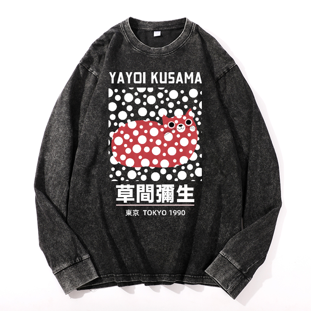 Yayoi Kusama Cat Vintage Cotton Wash Crewneck Long-Sleeve T-Shirt