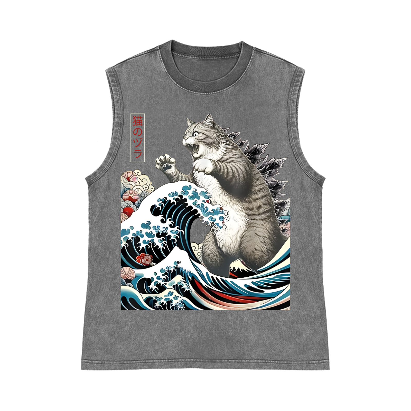 Cat Kaiju Ukiyoe Great Wave Pure Cotton Wash-Dyed Sleeveless Tank Top