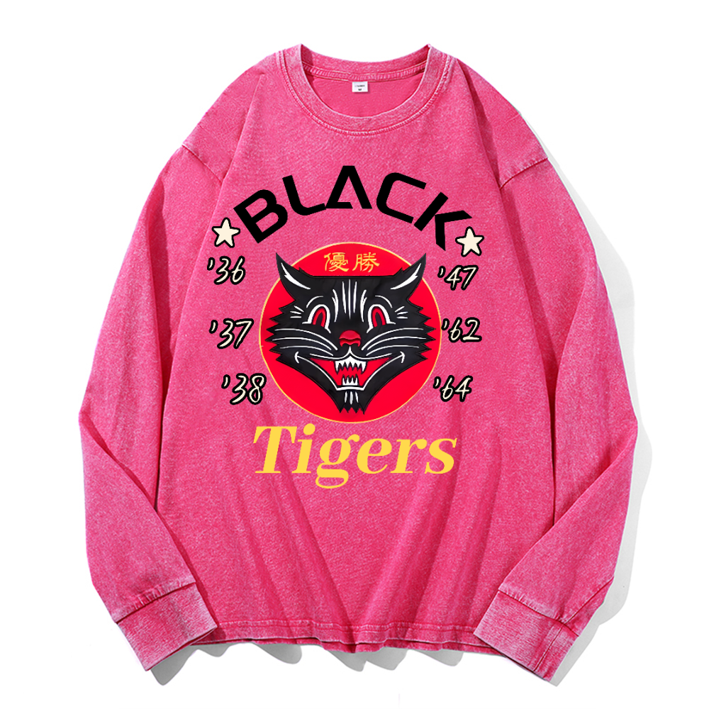 Black Tigers Vintage Cotton Wash Crewneck Long-Sleeve T-Shirt