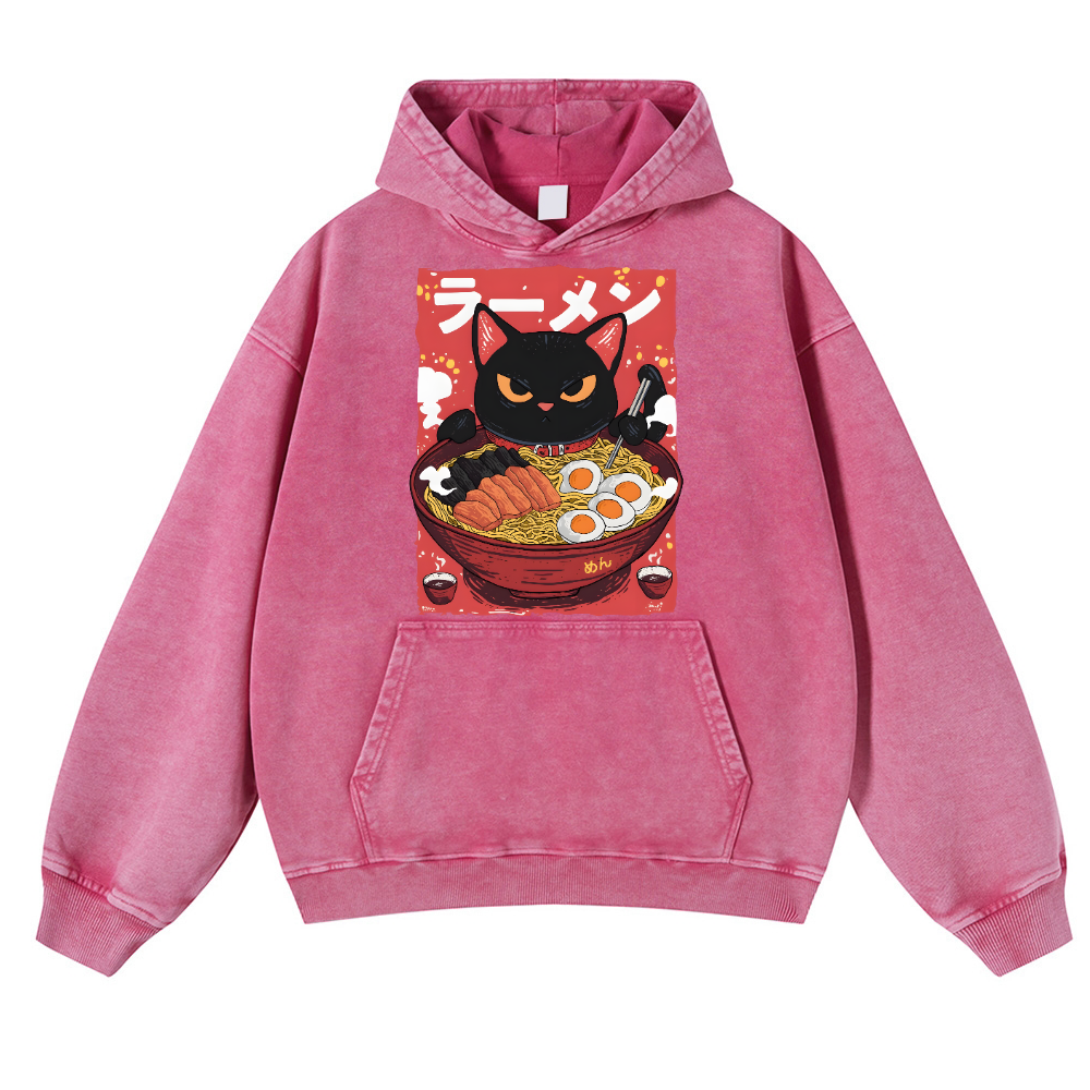 Cat Ramen Vintage Washed Thick Cotton Hoodie
