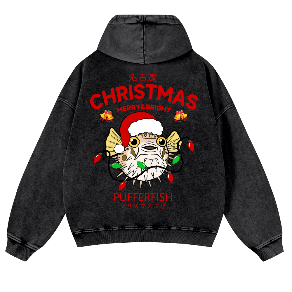 Christmas Puffer Fish Vintage Washed Cotton Back Art Hoodie