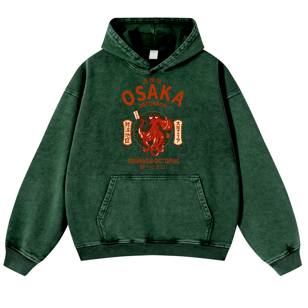 Osaka Dotonbori Drunken Octopus Vintage Washed Thick Cotton Hoodie