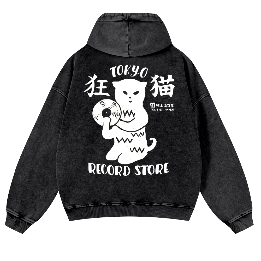 Tokyo Cat Vintage Washed Cotton Back Art Hoodie