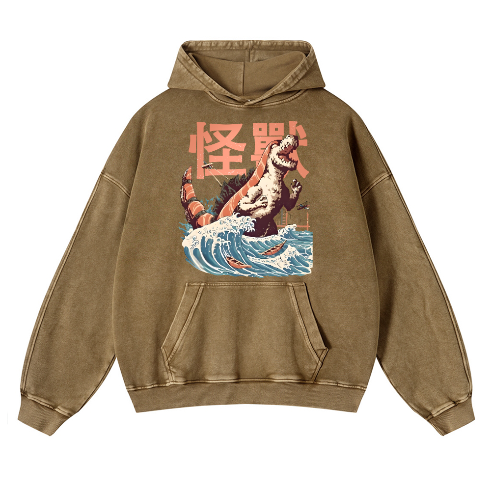 Kaiju Sushi Monster Wave Vintage Washed Thick Cotton Hoodie