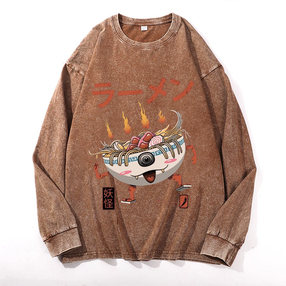 Ramen Monster Vintage Cotton Wash Crewneck Long-Sleeve T-Shirt