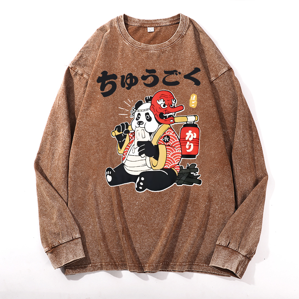Panda Vintage Cotton Wash Crewneck Long-Sleeve T-Shirt