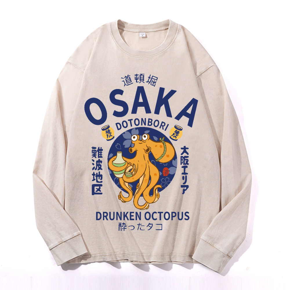 Osaka Dotonbori Drunken Octopus Vintage Cotton Wash Crewneck Long-Sleeve T-Shirt