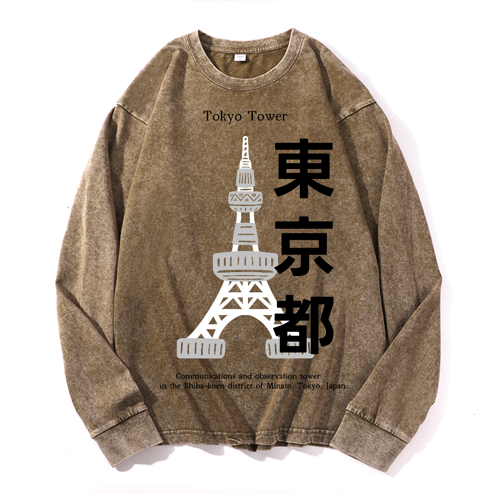 Tokyo Tower Vintage Cotton Wash Crewneck Long-Sleeve T-Shirt
