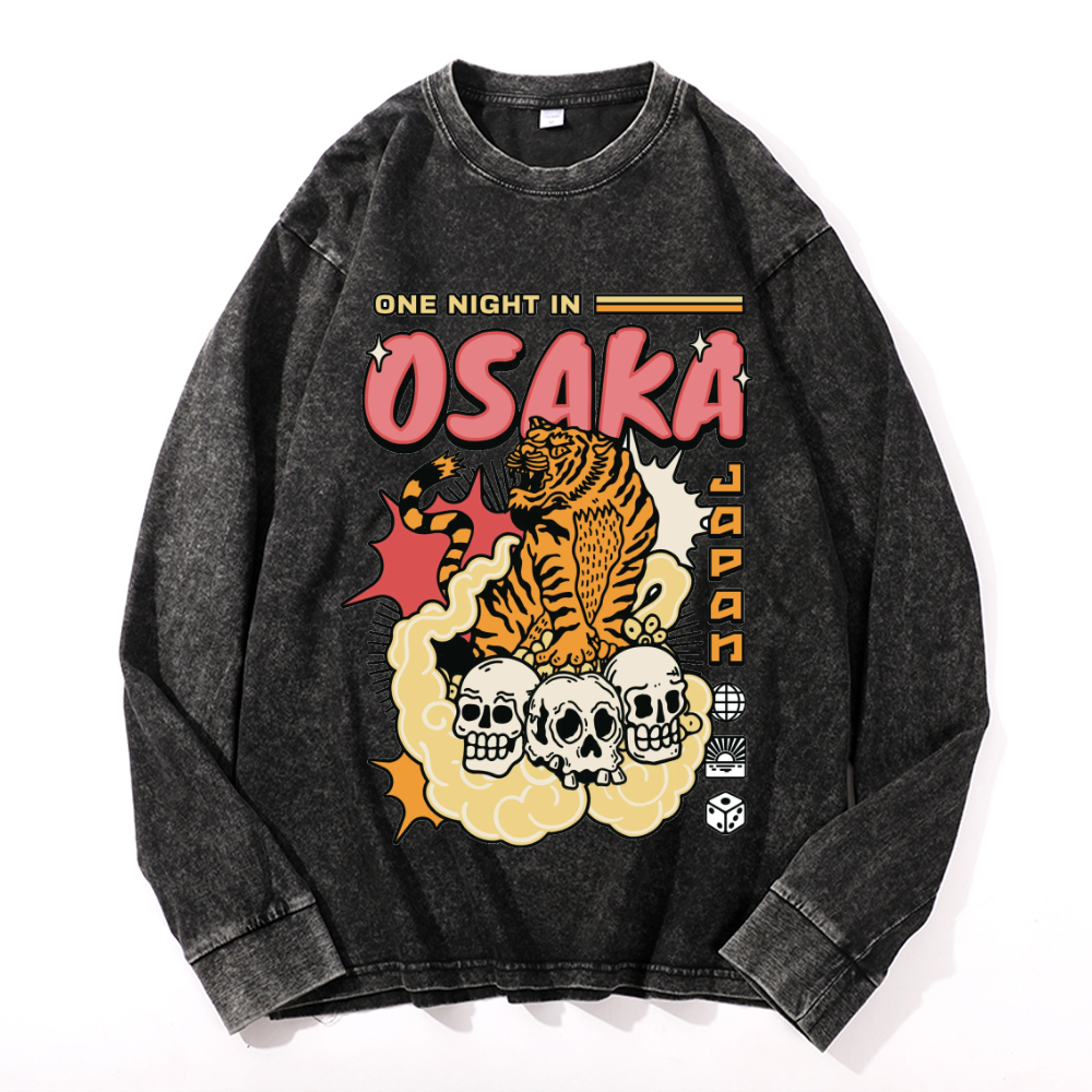One Night in Osaka Tiger Vintage Cotton Wash Crewneck Long-Sleeve T-Shirt