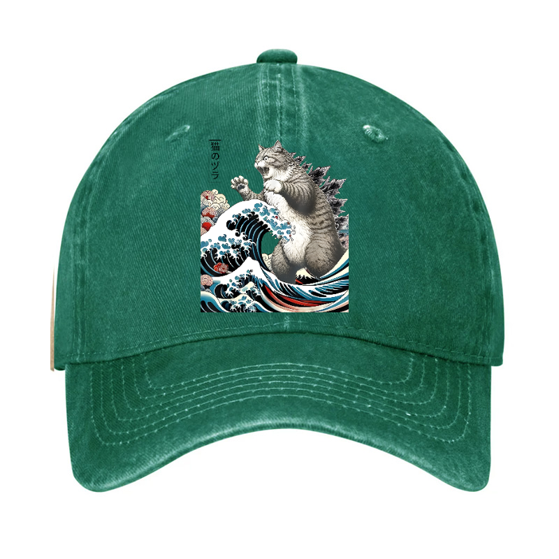 Cat Kaiju Ukiyoe Great Wave Vintage Cotton Hat