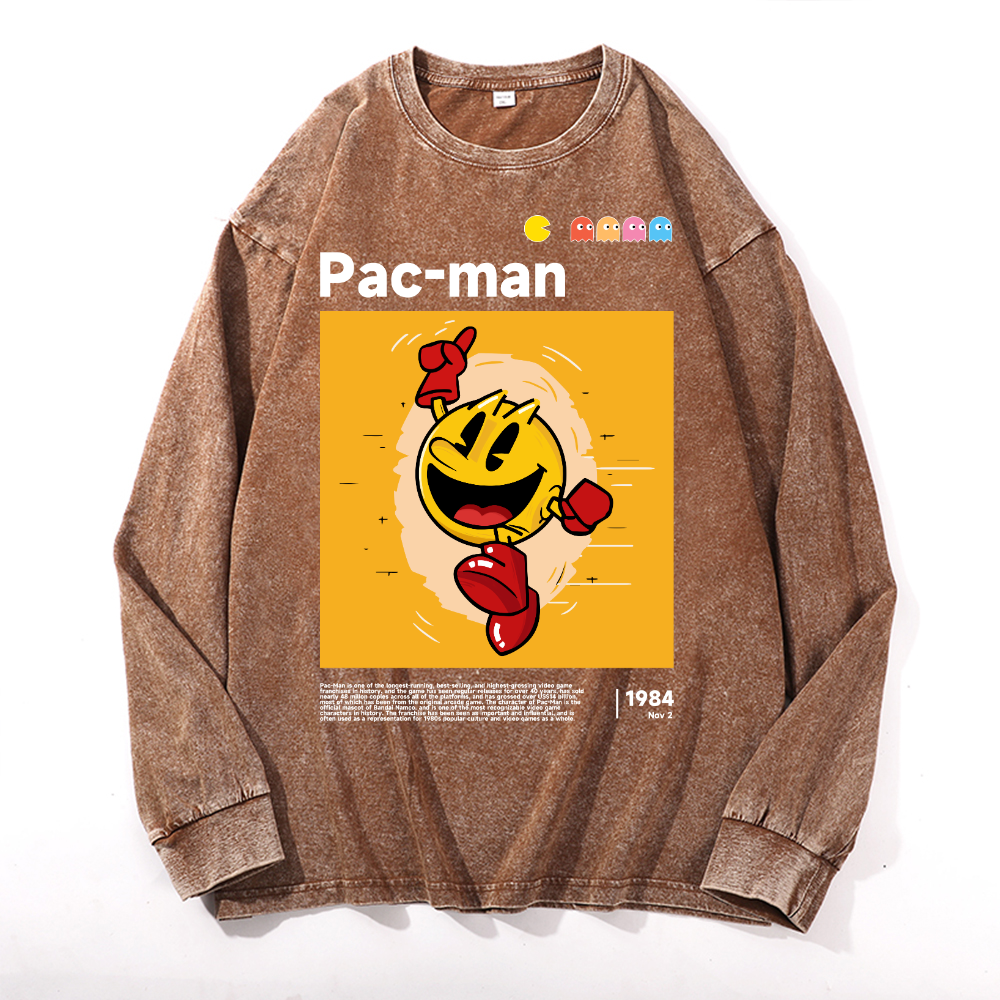 Pacman Vintage Cotton Wash Crewneck Long-Sleeve T-Shirt