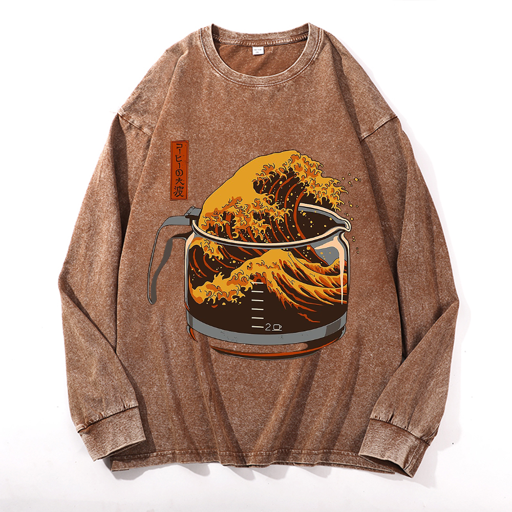The Great Wave off Kanagawa Vintage Cotton Wash Crewneck Long-Sleeve T-Shirt