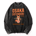 Osaka Dotonbori Drunken Fox Vintage Cotton Wash Crewneck Long-Sleeve T-Shirt