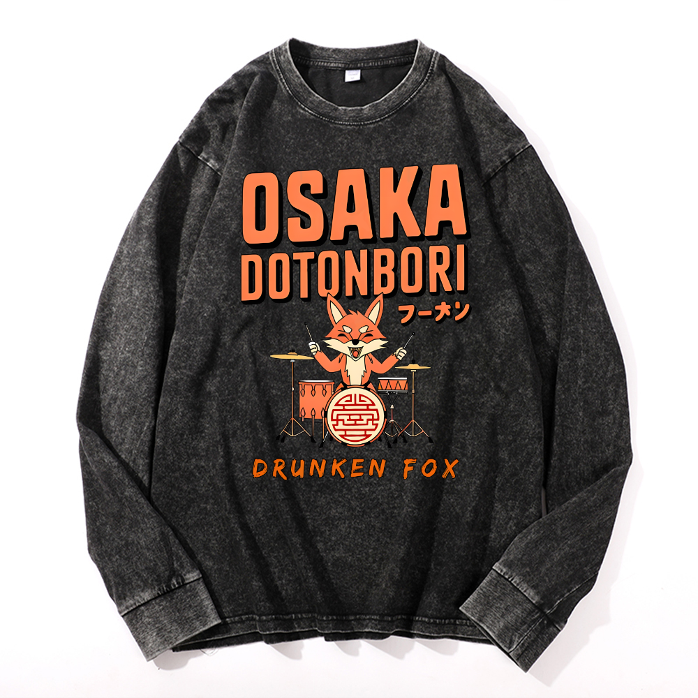 Osaka Dotonbori Drunken Fox Vintage Cotton Wash Crewneck Long-Sleeve T-Shirt