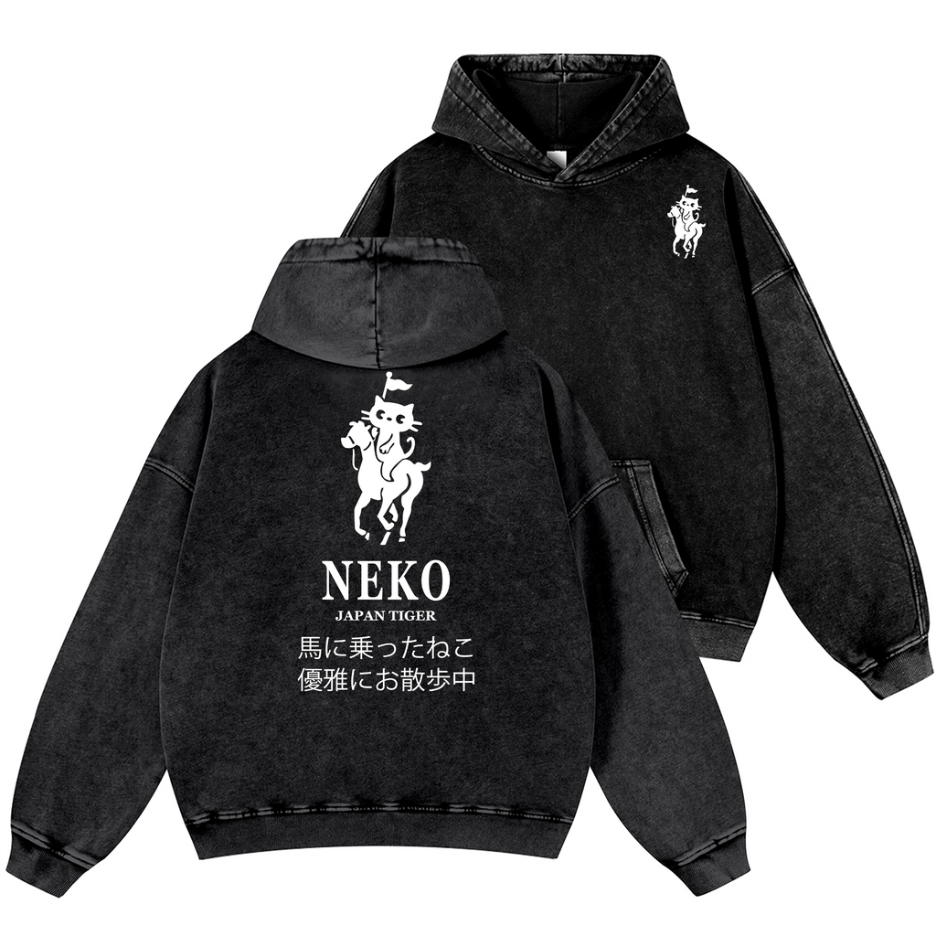 Neko Cat Vintage Washed Cotton Back Art Hoodie