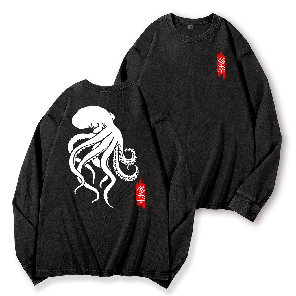 Octopus Vintage Washed Cotton Back Art Long-sleeve T-shirt