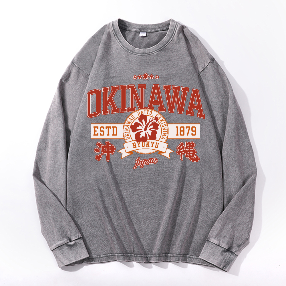 Okinawa Daito Sakishima Ryukyu Vintage Cotton Wash Crewneck Long-Sleeve T-Shirt