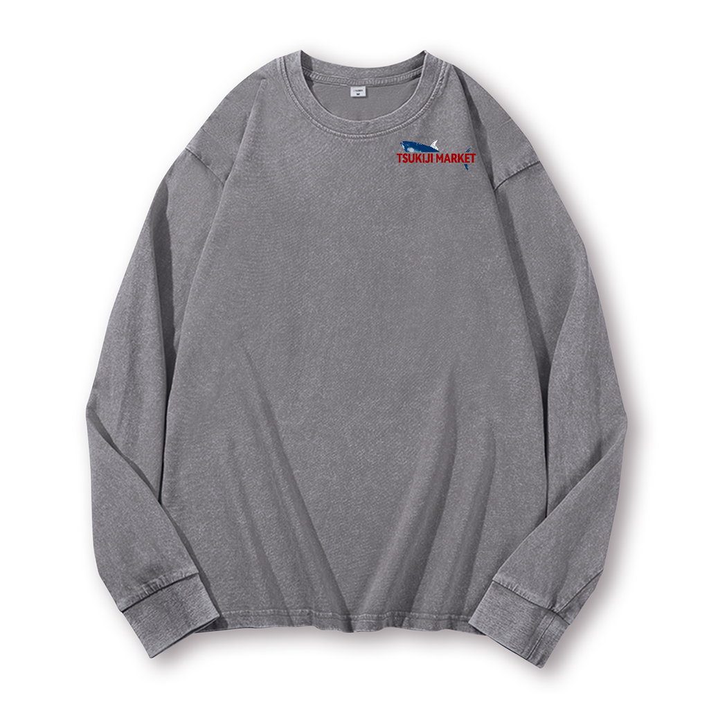 Tsukiji Market Tuna Fish Tokyo Japan Vintage Washed Cotton Back Art Long-sleeve T-shirt