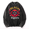 Black Tigers Vintage Cotton Wash Crewneck Long-Sleeve T-Shirt