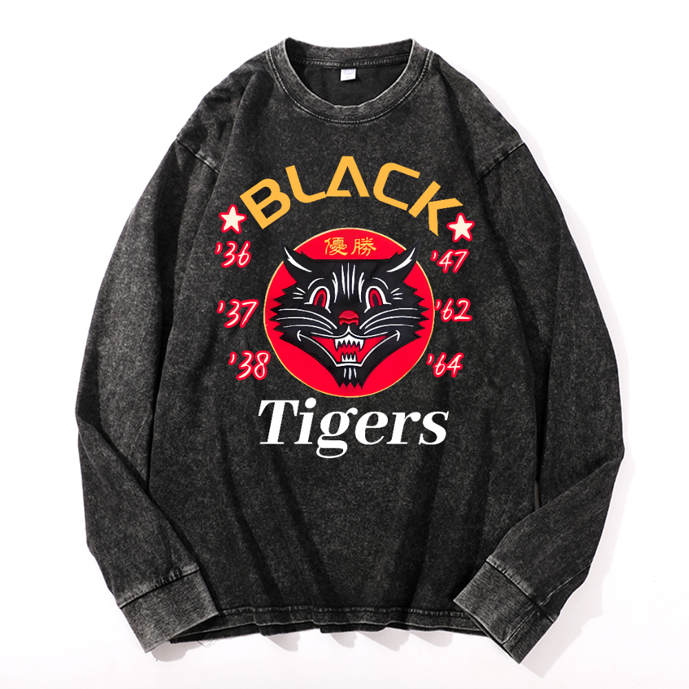 Black Tigers Vintage Cotton Wash Crewneck Long-Sleeve T-Shirt