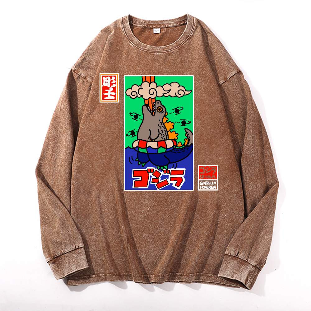 Kaiju Vintage Cotton Wash Crewneck Long-Sleeve T-Shirt