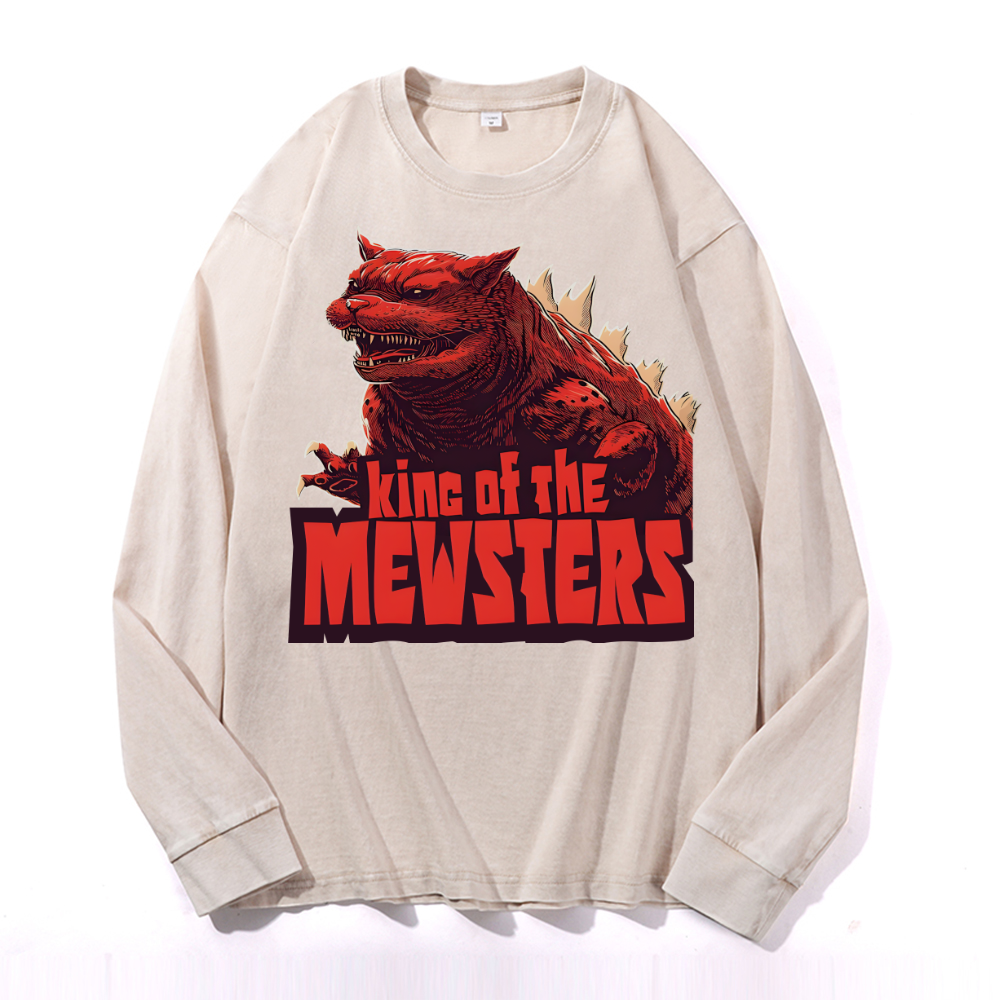 Catzilla Cat Kaiju Vintage Cotton Wash Crewneck Long-Sleeve T-Shirt