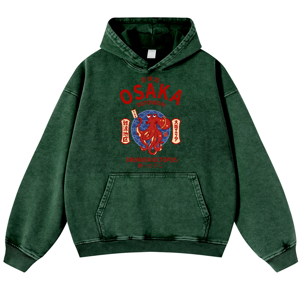 Osaka Dotonbori Drunken Octopus Vintage Washed Thick Cotton Hoodie