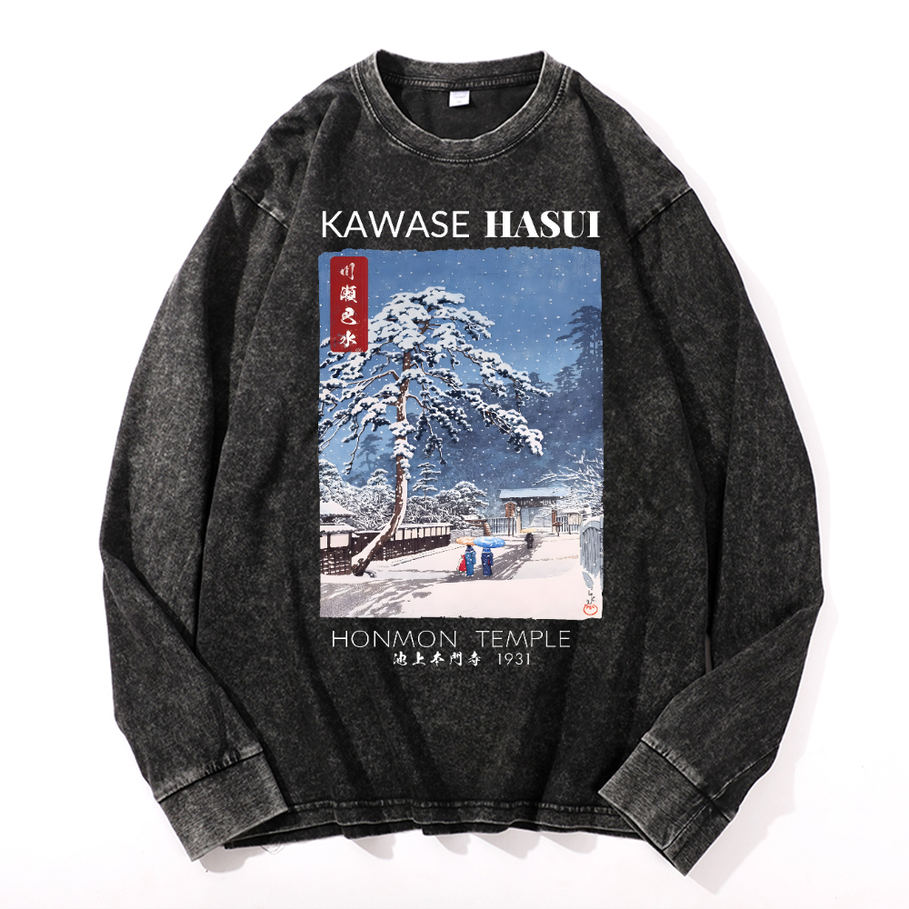 Honmon Temple Vintage Cotton Wash Crewneck Long-Sleeve T-Shirt