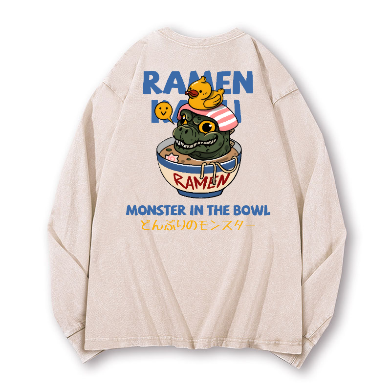 Ramen Kaiju Vintage Washed Cotton Back Art Long-sleeve T-shirt
