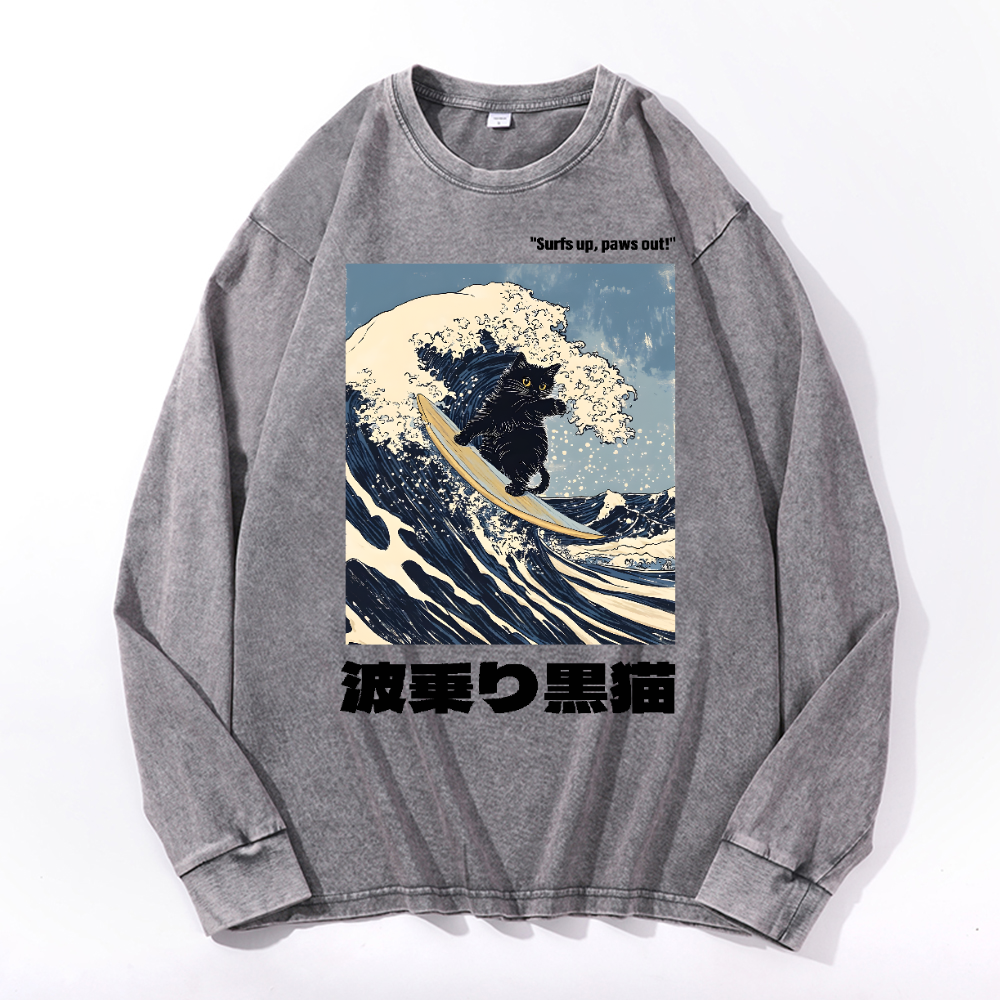 Black Cat Great Wave Vintage Cotton Wash Long-sleeve T-shirt