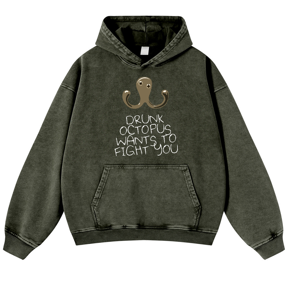 Drunken Octopus Vintage Washed Thick Cotton Hoodie