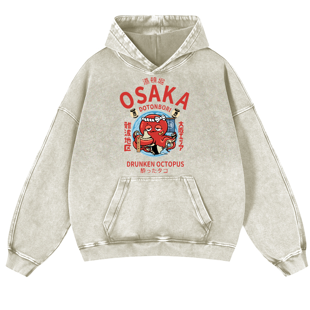 Osaka Dotonbori Drunken Octopus Vintage Washed Thick Cotton Hoodie