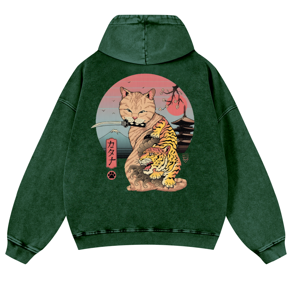 Japanese Cat Tiger Vintage Washed Cotton Back Art Hoodie