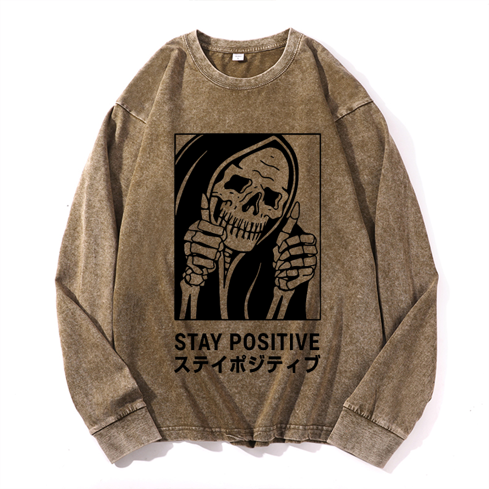 Stay Positive Skull Vintage Cotton Wash Crewneck Sweatshirt
