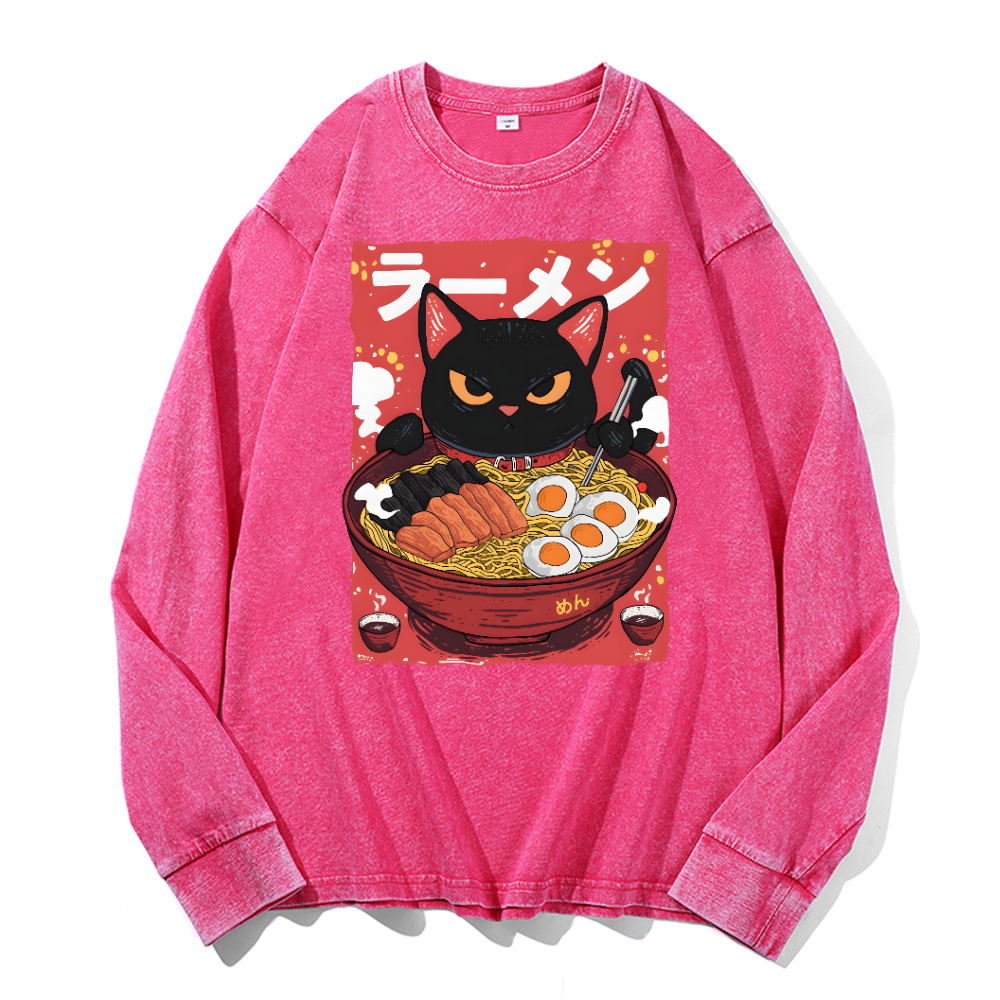 Ramen Black Cat Vintage Cotton Wash Crewneck Long-Sleeve T-Shirt