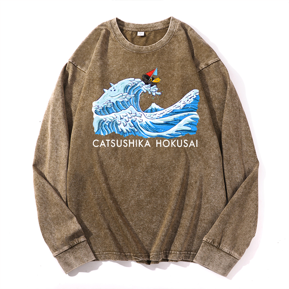 Cat Wave Vintage Cotton Wash Crewneck Long-Sleeve T-Shirt