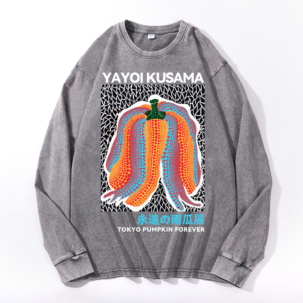 Yayoi Kusama Pumpkin Vintage Cotton Wash Crewneck Long-Sleeve T-Shirt
