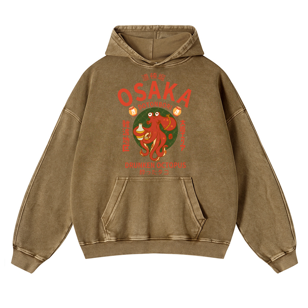 Osaka Dotonbori Drunken Octopus Vintage Washed Thick Cotton Hoodie