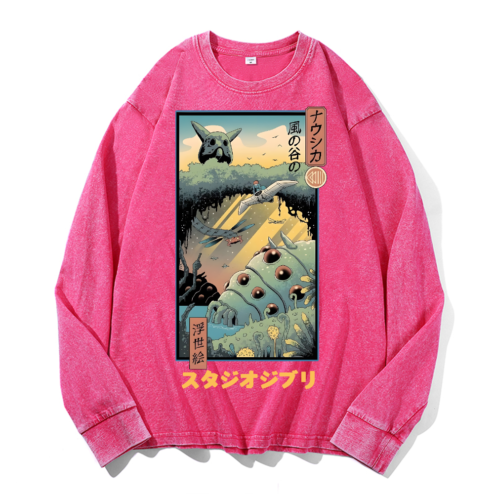 Ghibl iNausicaä of the Valley of the Wind  Anime Vintage Cotton Wash Crewneck Long-Sleeve T-Shirt