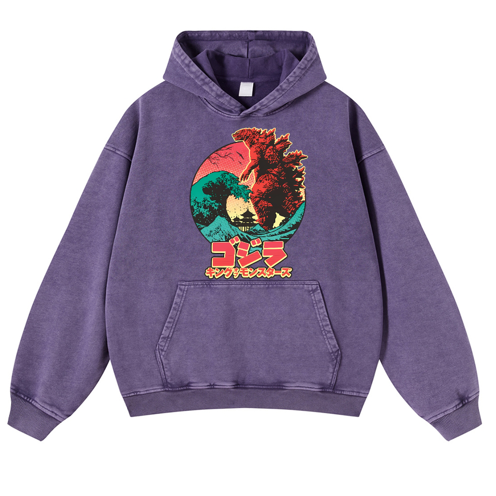 Kaiju Wave Vintage Washed Thick Cotton Hoodie