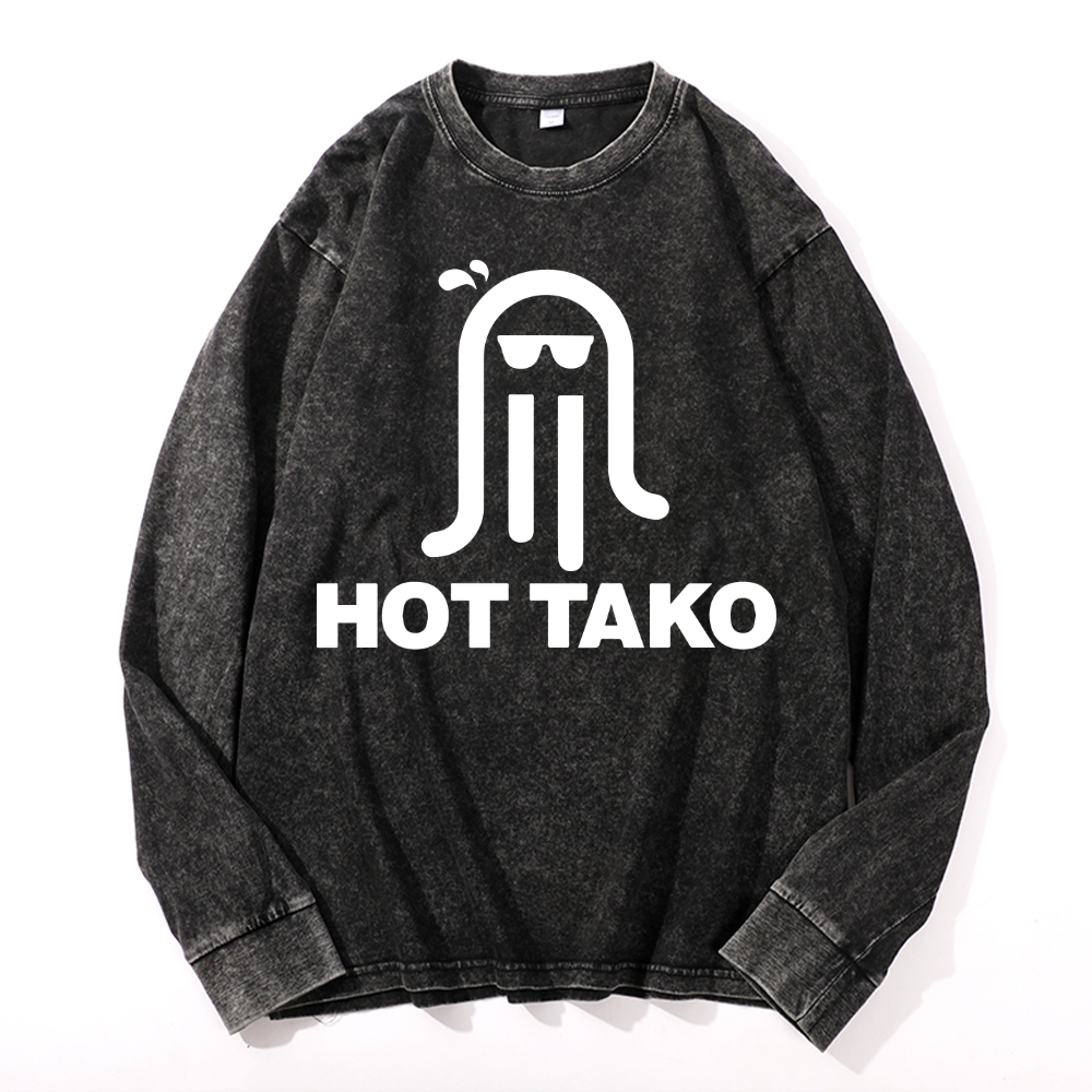 Hot Tako Octopus Vintage Cotton Wash Crewneck Long-Sleeve T-Shirt