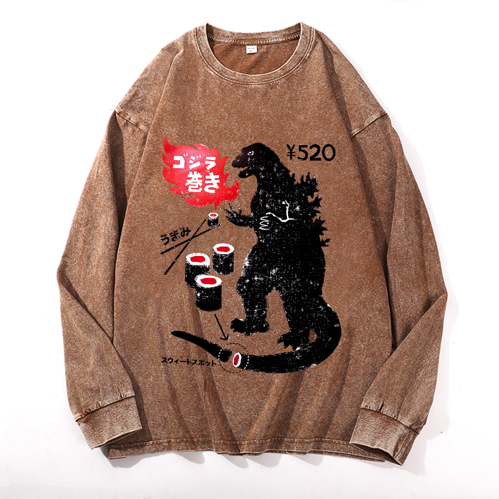 Kaiju Sushi Vintage Cotton Wash Crewneck Long-Sleeve T-Shirt