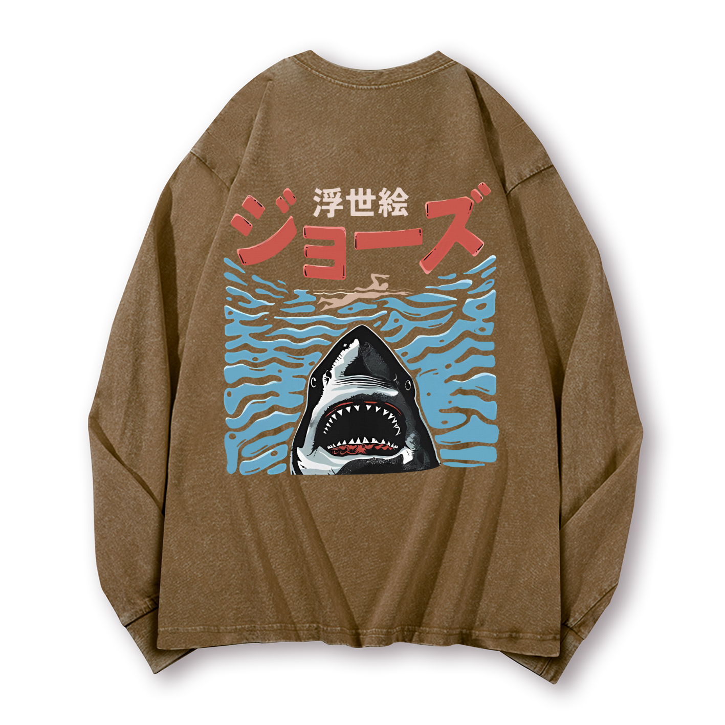 Ukiyoe Jaws Shark Vintage Washed Cotton Back Art Long-sleeve T-shirt